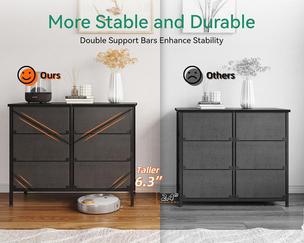 AODK Dresser for Bedroom Dresser TV Stand with 6 Storage Drawers, Small Fabric Dresser Chest of Drawers for Closet Organizer Clothes, Black - Grand Goldman