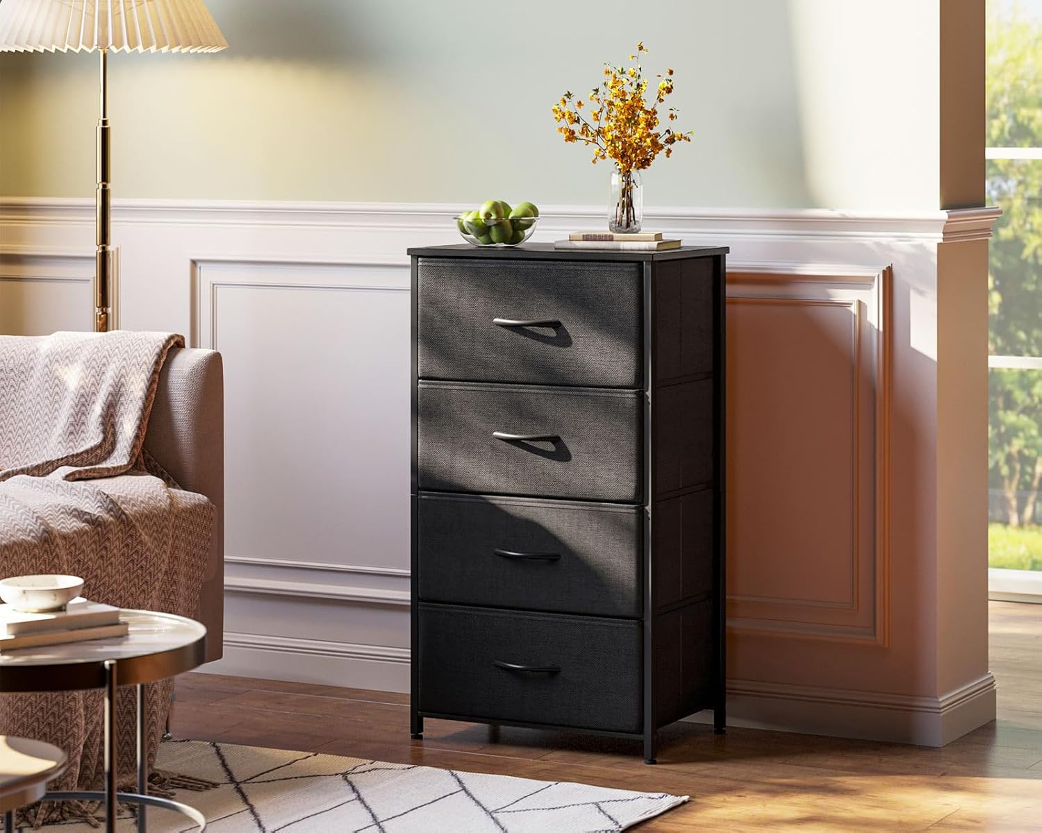 AODK Dresser for Bedroom with 4 Storage Drawers, Small Dresser Chest of Drawers Fabric Dresser with Sturdy Steel Frame, Black - Grand Goldman