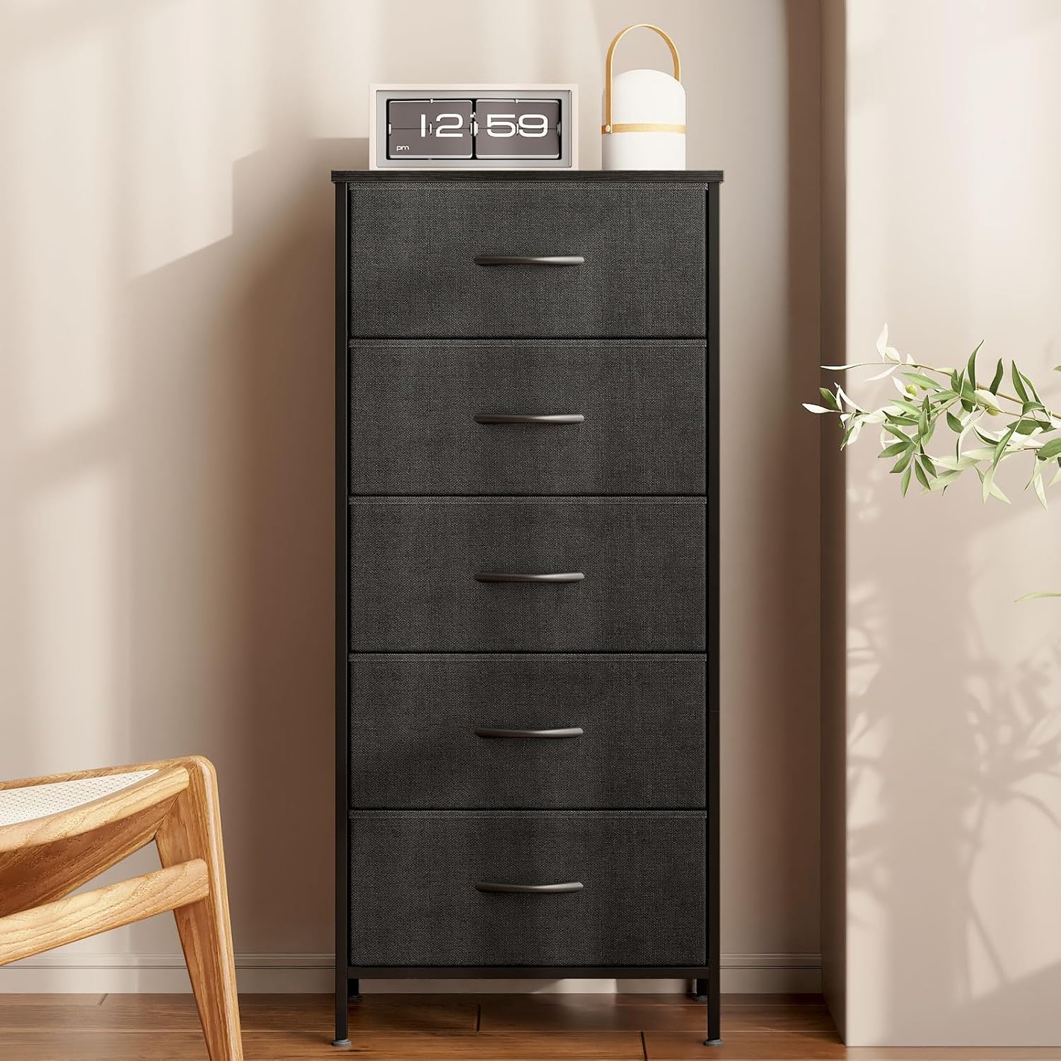 AODK Dresser for Bedroom with 5 Storage Drawers, 48" Tall Dresser Chest of Drawers Fabric Dresser with Sturdy Steel Frame, Black - Grand Goldman