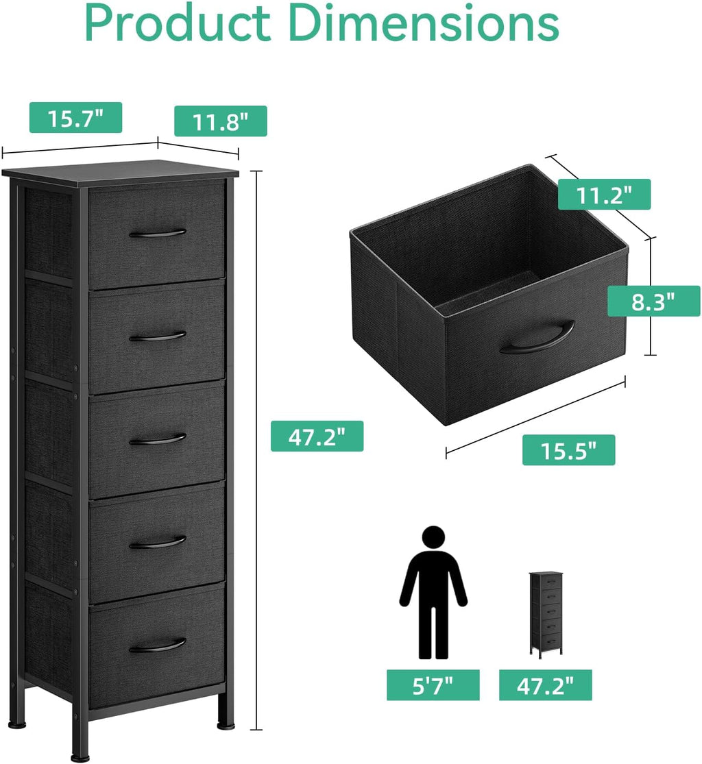 AODK Dresser for Bedroom with 5 Storage Drawers, 48" Tall Dresser Chest of Drawers Fabric Dresser with Sturdy Steel Frame, Black - Grand Goldman