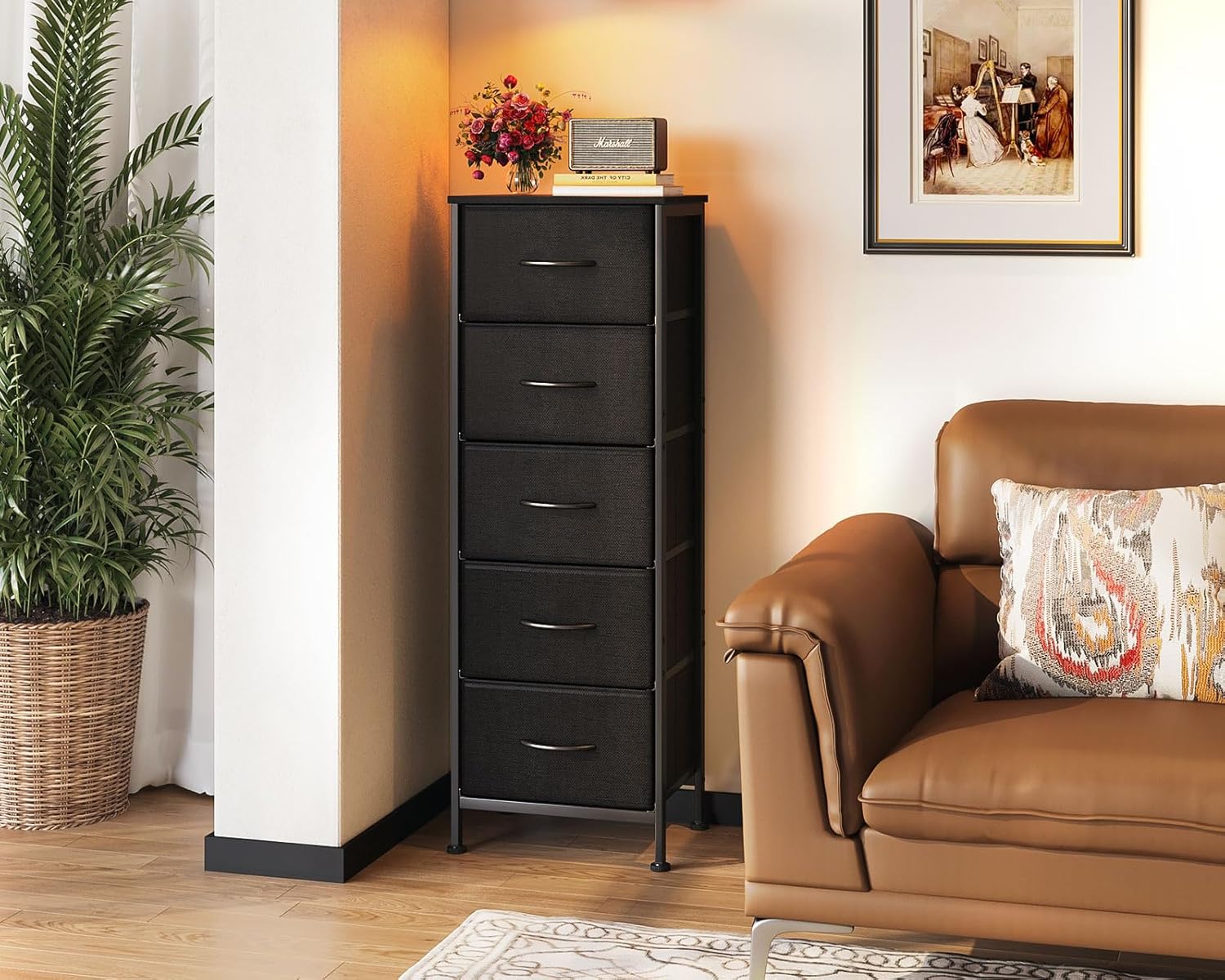 AODK Dresser for Bedroom with 5 Storage Drawers, 48" Tall Dresser Chest of Drawers Fabric Dresser with Sturdy Steel Frame, Black - Grand Goldman