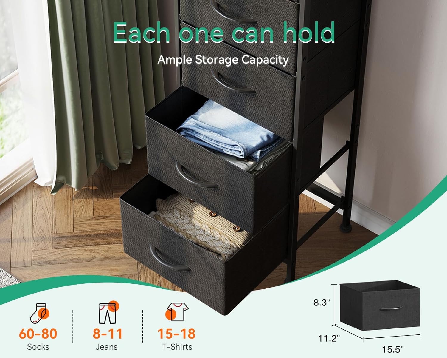 AODK Dresser for Bedroom with 5 Storage Drawers, 48" Tall Dresser Chest of Drawers Fabric Dresser with Sturdy Steel Frame, Black - Grand Goldman