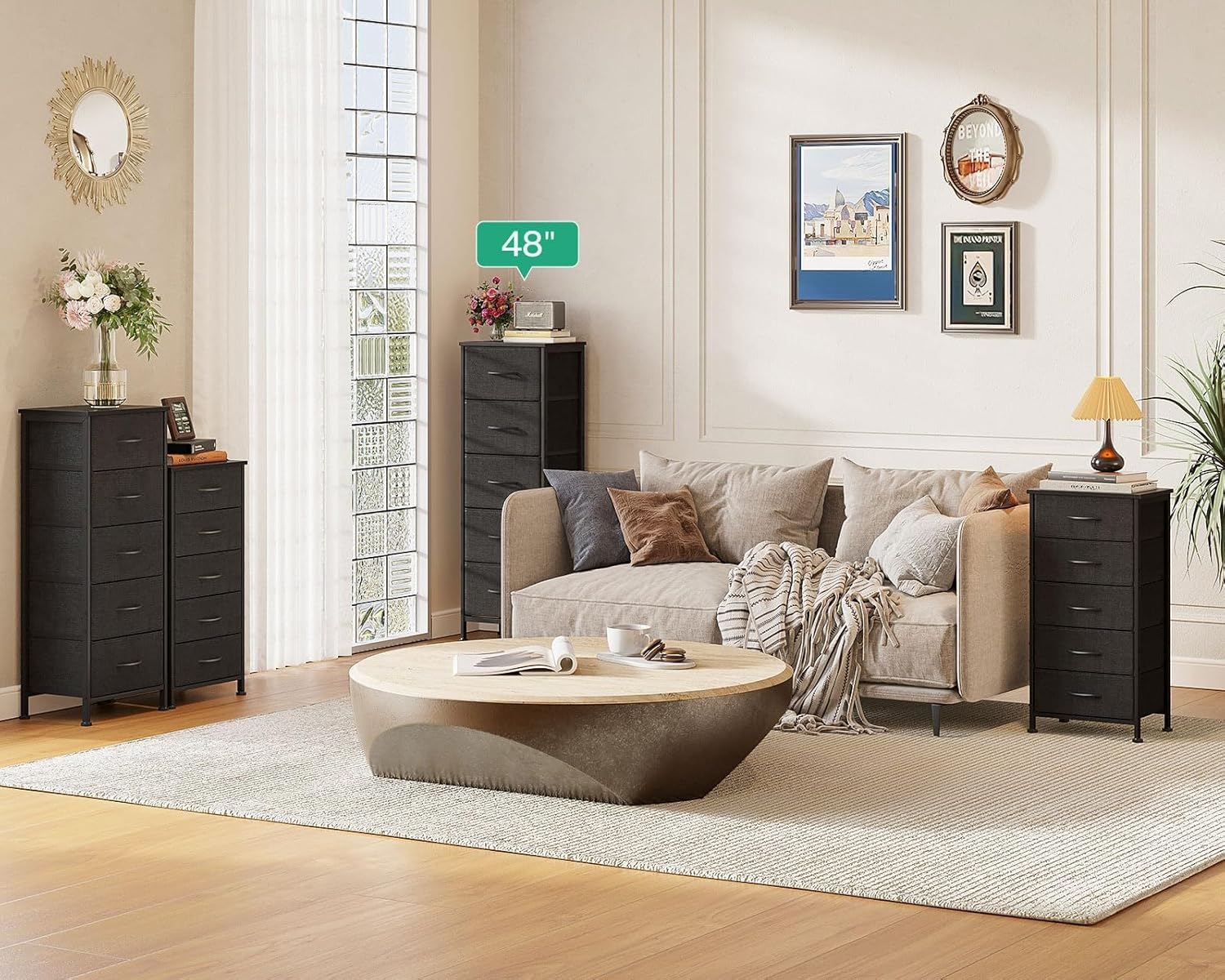 AODK Dresser for Bedroom with 5 Storage Drawers, 48" Tall Dresser Chest of Drawers Fabric Dresser with Sturdy Steel Frame, Black - Grand Goldman