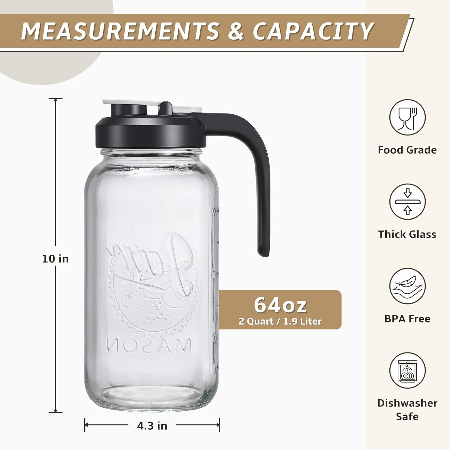 AOZITA Glass Pitcher with Lid - 2 Quart Mason Jar Pitcher with Filter Lid, Wide Mouth Jar Leak-proof Water Jug, Heavy Duty Container for Water, Juice, Milk, Tea, Iced Coffee, and Drinks - Grand Goldman
