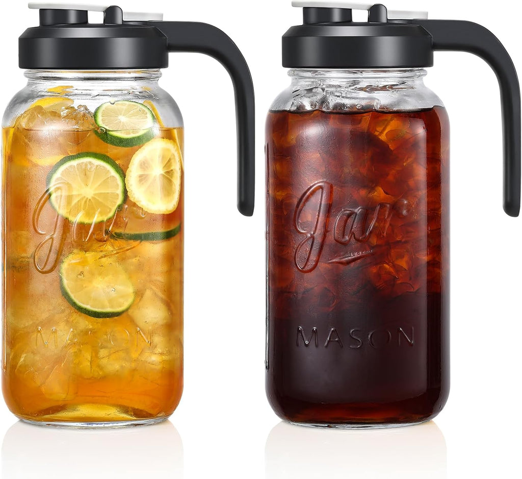 AOZITA Glass Pitcher with Lid - 2 Quart Mason Jar Pitcher with Filter Lid, Wide Mouth Jar Leak-proof Water Jug, Heavy Duty Container for Water, Juice, Milk, Tea, Iced Coffee, and Drinks - Grand Goldman