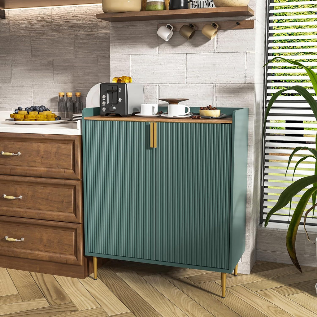 ARTPOWER Coffee Bar Cabinet with Wine Racks, Green Liquor Cabinet with Fluted Texture, Modern Sideboard Buffet Cabinet for Kitchen Dining Room, Living Room - Grand Goldman