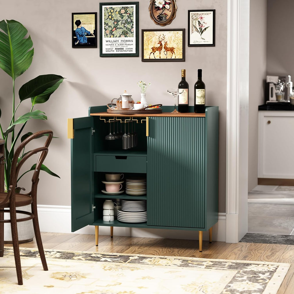 ARTPOWER Coffee Bar Cabinet with Wine Racks, Green Liquor Cabinet with Fluted Texture, Modern Sideboard Buffet Cabinet for Kitchen Dining Room, Living Room - Grand Goldman