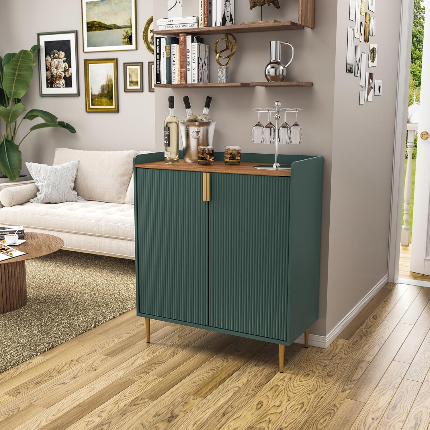 ARTPOWER Coffee Bar Cabinet with Wine Racks, Green Liquor Cabinet with Fluted Texture, Modern Sideboard Buffet Cabinet for Kitchen Dining Room, Living Room - Grand Goldman