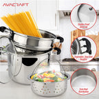 AVACRAFT 18/10 Stainless Steel, 4 Piece Pasta Pot with Strainer Insert, Stock Pot with Steamer Basket and Pasta Pot Insert, Pasta Cooker Set with Glass Lid, 7 Quart - Grand Goldman
