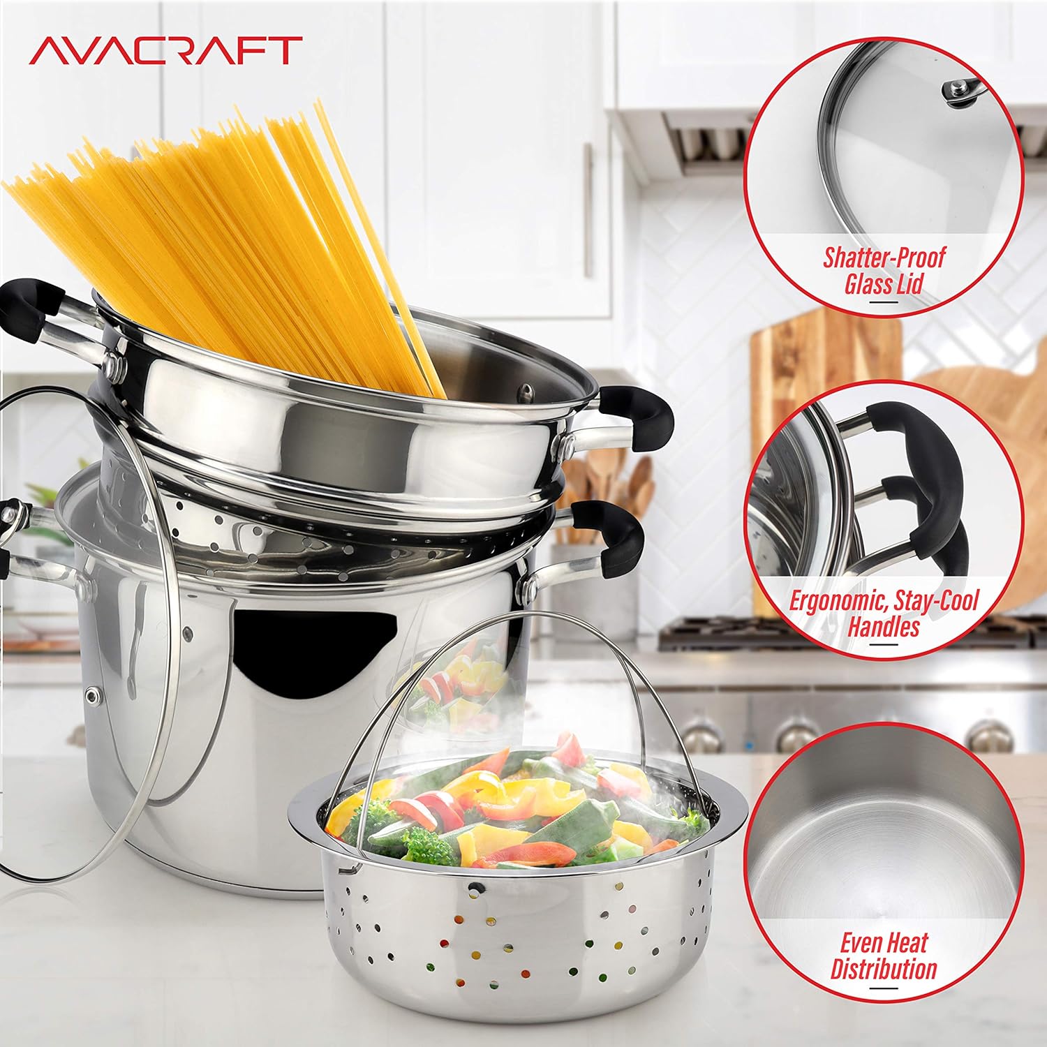 AVACRAFT 18/10 Stainless Steel, 4 Piece Pasta Pot with Strainer Insert, Stock Pot with Steamer Basket and Pasta Pot Insert, Pasta Cooker Set with Glass Lid, 7 Quart - Grand Goldman