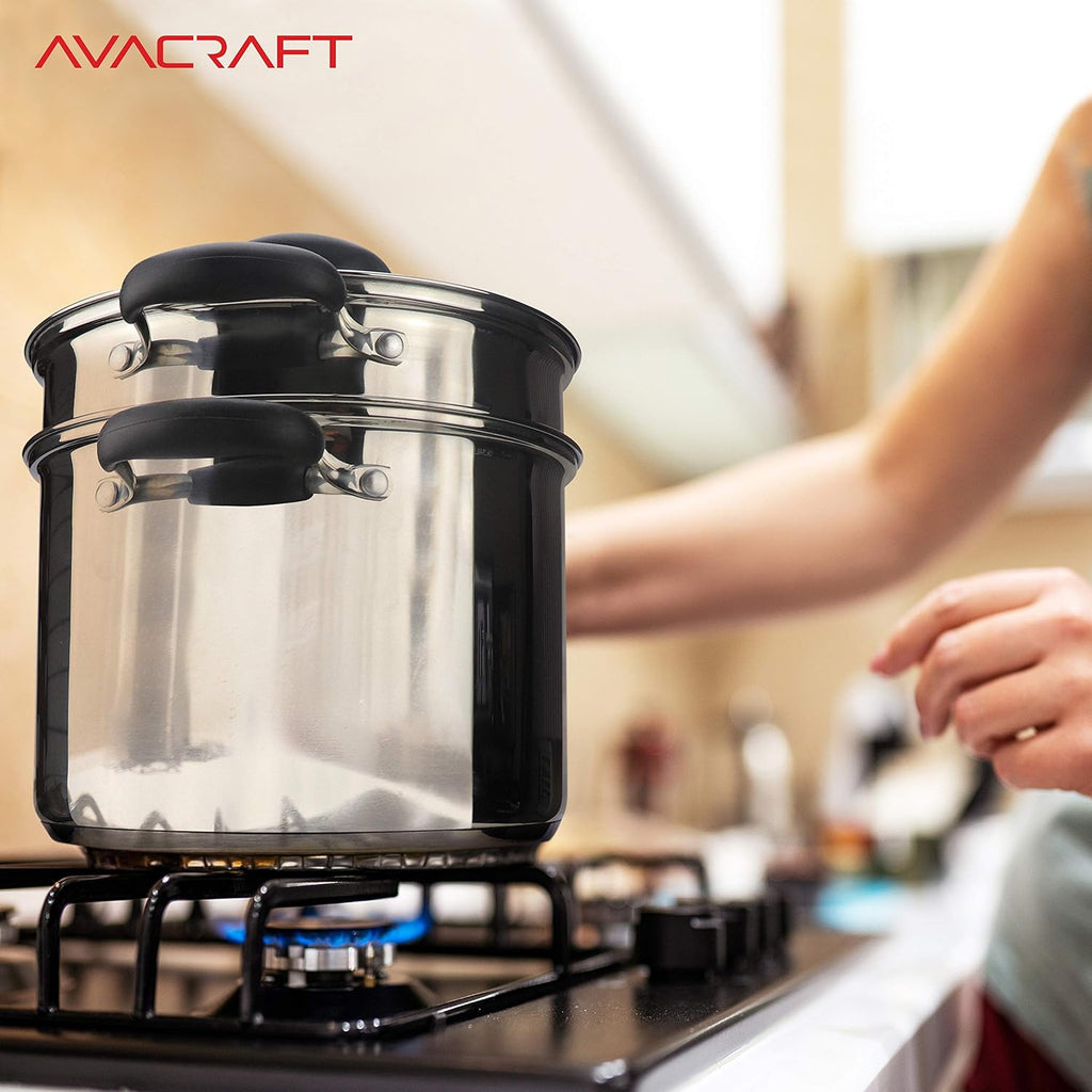 AVACRAFT 18/10 Stainless Steel, 4 Piece Pasta Pot with Strainer Insert, Stock Pot with Steamer Basket and Pasta Pot Insert, Pasta Cooker Set with Glass Lid, 7 Quart - Grand Goldman