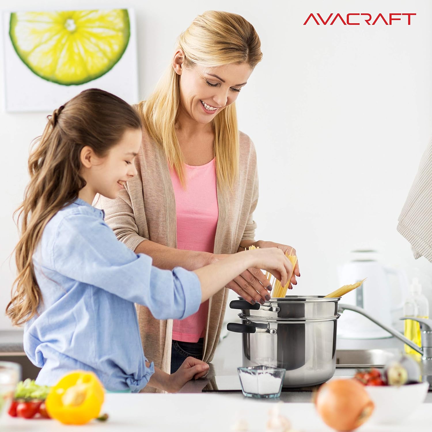 AVACRAFT 18/10 Stainless Steel, 4 Piece Pasta Pot with Strainer Insert, Stock Pot with Steamer Basket and Pasta Pot Insert, Pasta Cooker Set with Glass Lid, 7 Quart - Grand Goldman