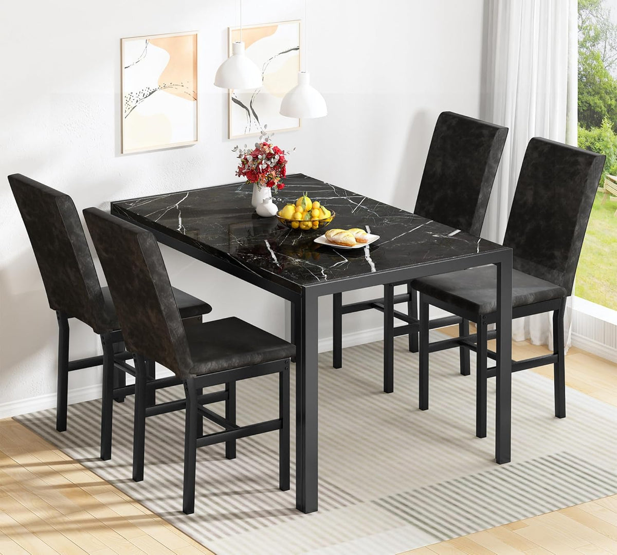 AWQM Products 5-Piece Marble Dining Set, Modern Kitchen Table and Chairs for Dining Room, Dinette, Compact Space Saving Furniture, 4 Upholstered Velvet Chairs - White - Grand Goldman