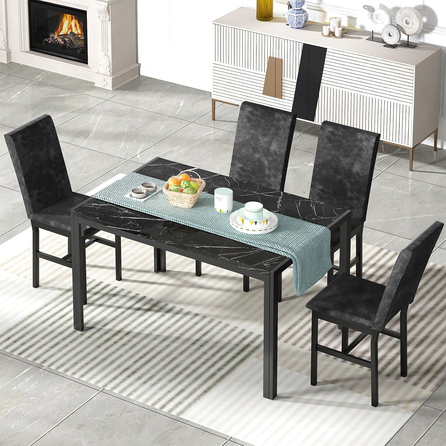 AWQM Products 5-Piece Marble Dining Set, Modern Kitchen Table and Chairs for Dining Room, Dinette, Compact Space Saving Furniture, 4 Upholstered Velvet Chairs - White - Grand Goldman