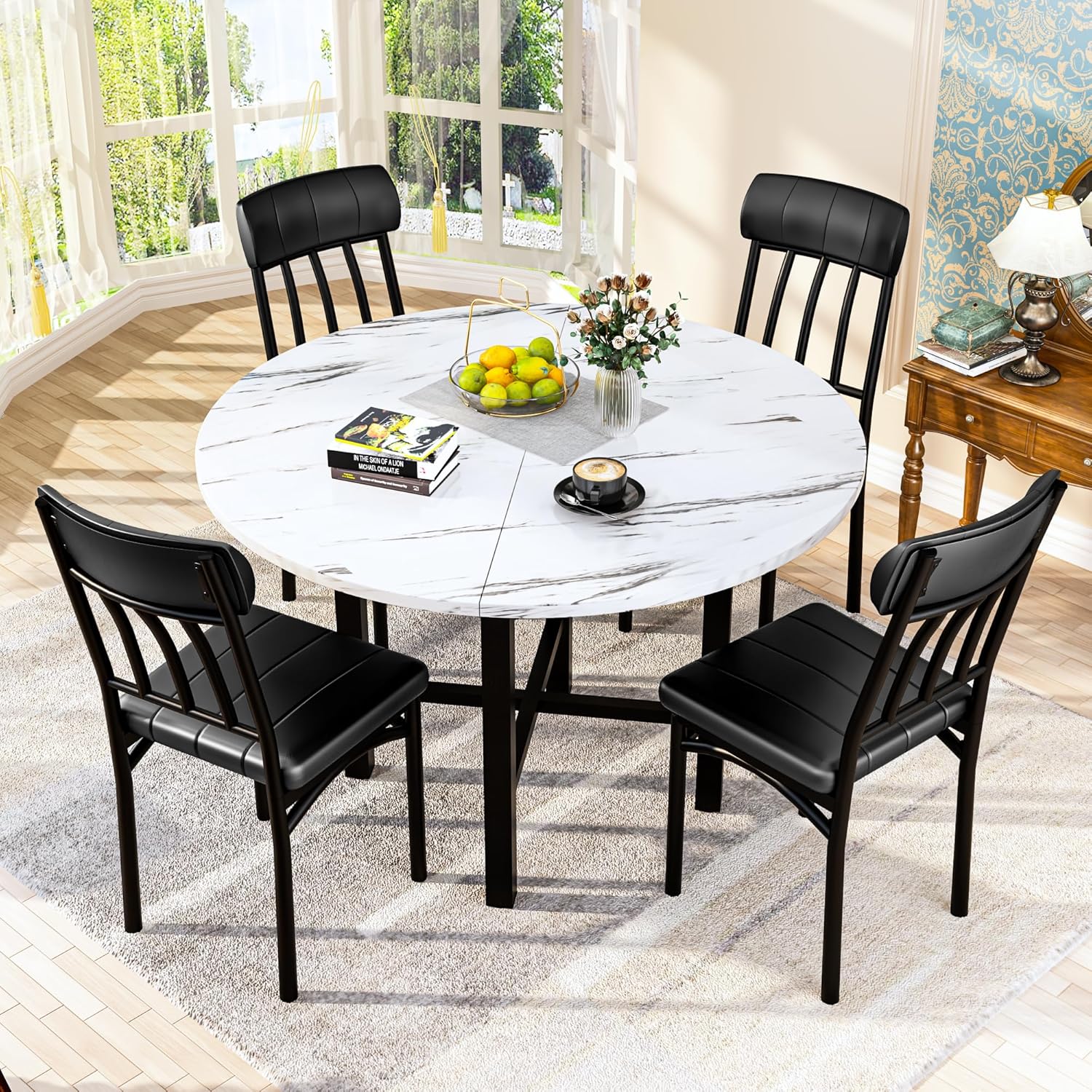 AWQM Round Dining Table Set for 4,Wood Round Kitchen Table and Chairs Set for 4,Modern Dining Room Table Set with 4 Faux Leather Chairs,Round Dinner Table for Small Space,Walnut - Grand Goldman