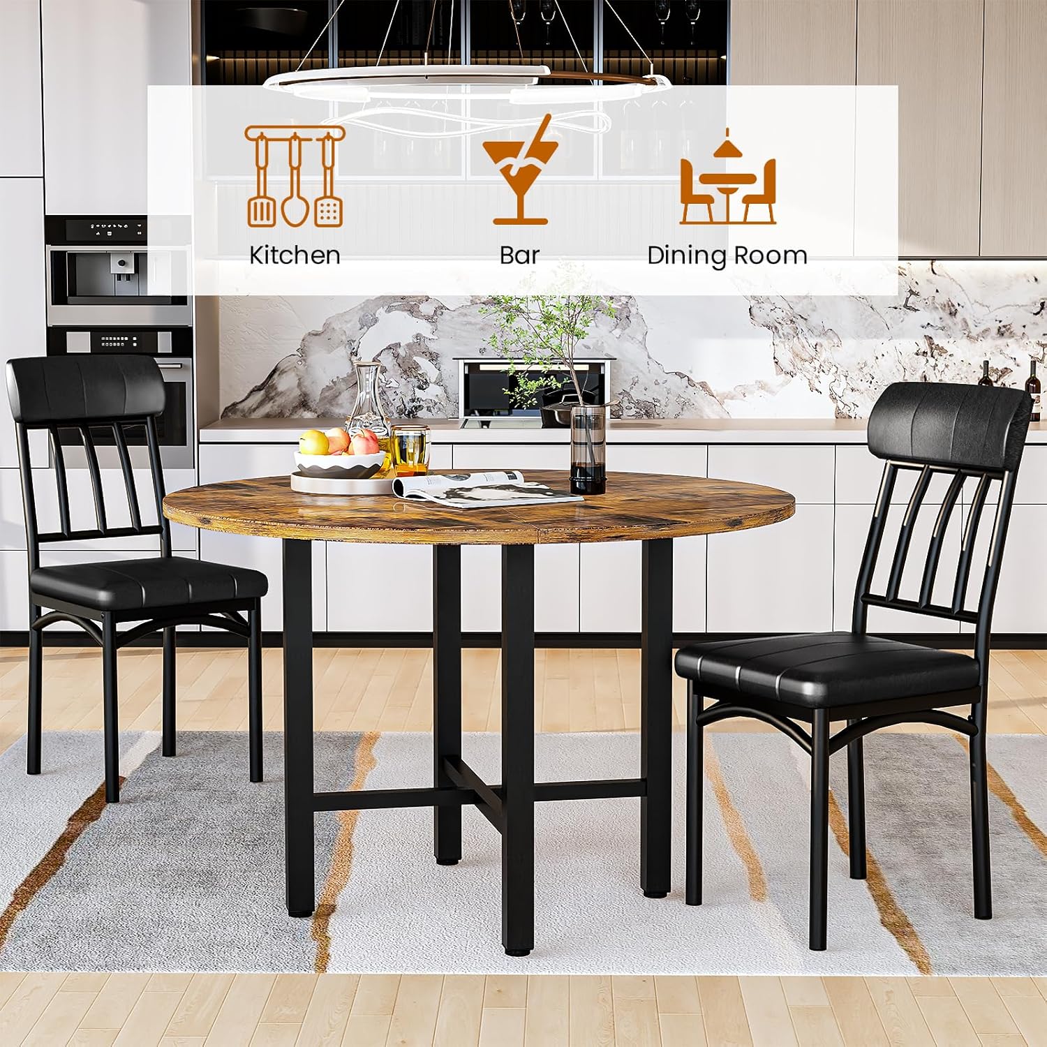AWQM Round Dining Table Set for 4,Wood Round Kitchen Table and Chairs Set for 4,Modern Dining Room Table Set with 4 Faux Leather Chairs,Round Dinner Table for Small Space,Walnut - Grand Goldman