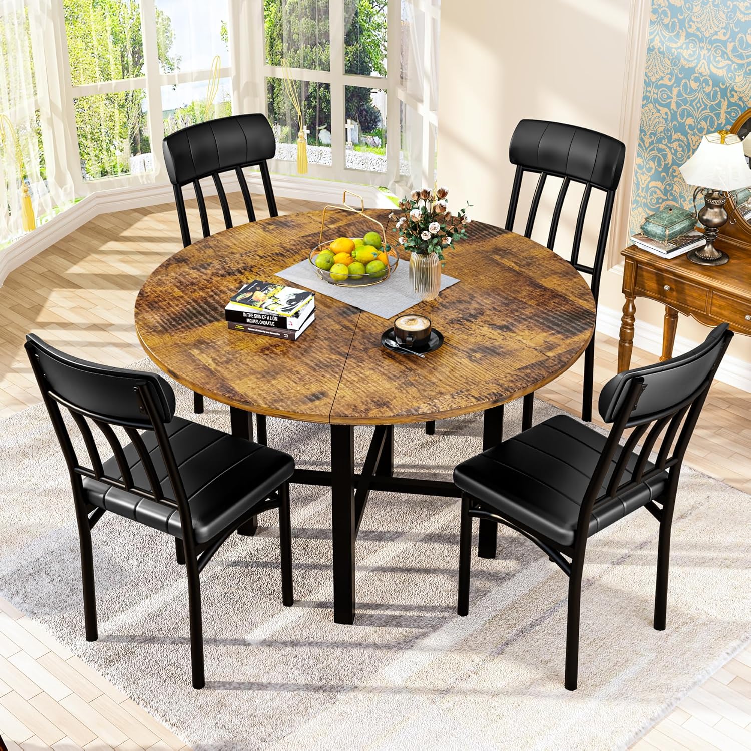 AWQM Round Dining Table Set for 4,Wood Round Kitchen Table and Chairs Set for 4,Modern Dining Room Table Set with 4 Faux Leather Chairs,Round Dinner Table for Small Space,Walnut - Grand Goldman