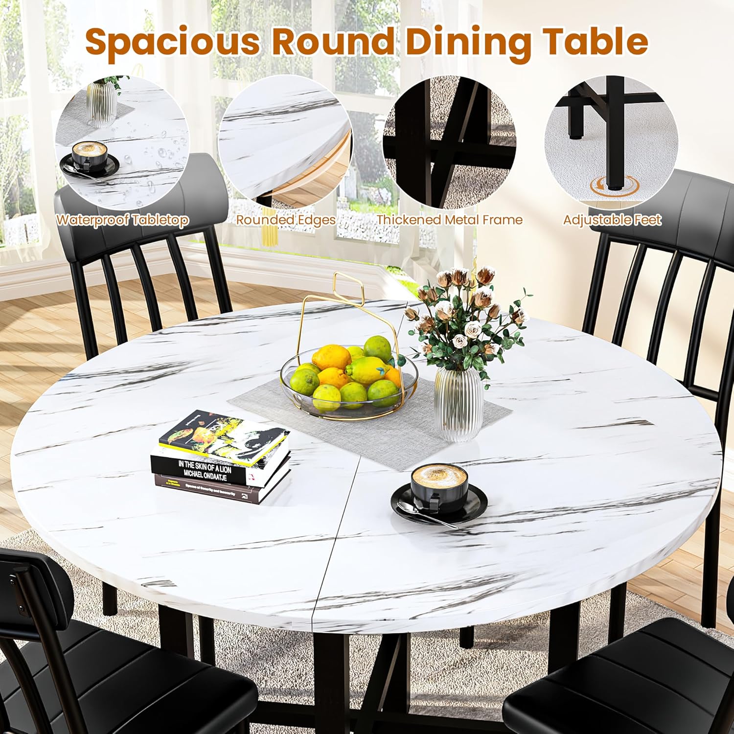 AWQM Round Dining Table Set for 4,Wood Round Kitchen Table and Chairs Set for 4,Modern Dining Room Table Set with 4 Faux Leather Chairs,Round Dinner Table for Small Space,Walnut - Grand Goldman