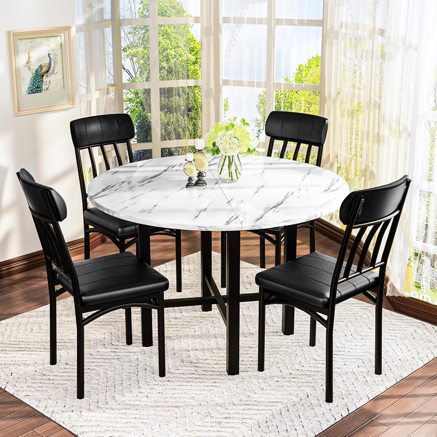 AWQM Round Dining Table Set for 4,Wood Round Kitchen Table and Chairs Set for 4,Modern Dining Room Table Set with 4 Faux Leather Chairs,Round Dinner Table for Small Space,Walnut - Grand Goldman
