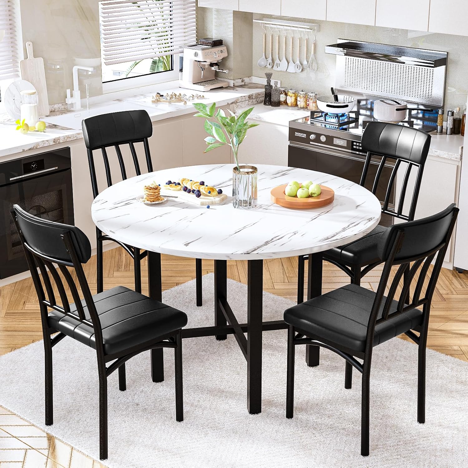 AWQM Round Dining Table Set for 4,Wood Round Kitchen Table and Chairs Set for 4,Modern Dining Room Table Set with 4 Faux Leather Chairs,Round Dinner Table for Small Space,Walnut - Grand Goldman