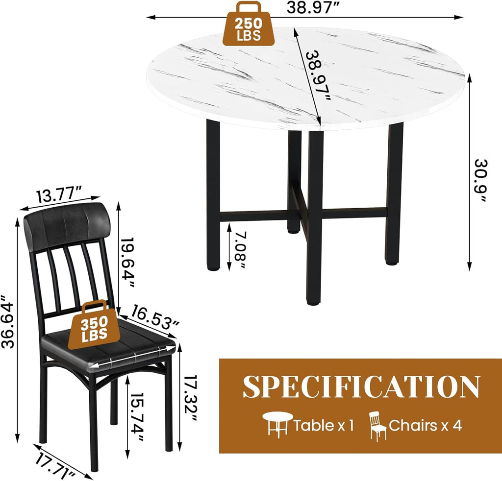 AWQM Round Dining Table Set for 4,Wood Round Kitchen Table and Chairs Set for 4,Modern Dining Room Table Set with 4 Faux Leather Chairs,Round Dinner Table for Small Space,Walnut - Grand Goldman