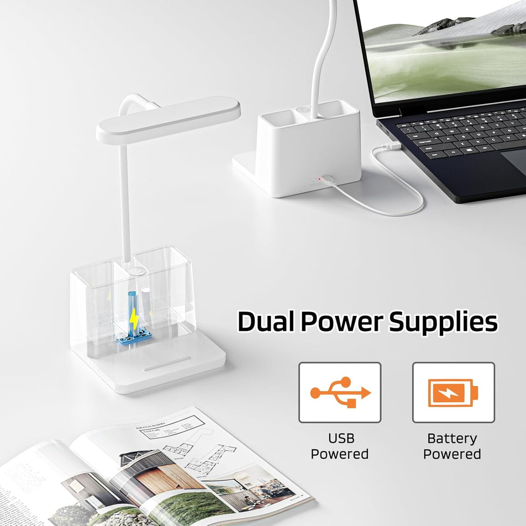 AXX Small Desk Lamps for Home Office, White Desk Light for Kids, LED Desktop/Computer Study Lamps for Bedrooms, Rechargeable, Pen Holder, Mini, Adjustable Gooseneck Table Lamp for College Dorm Room - Grand Goldman