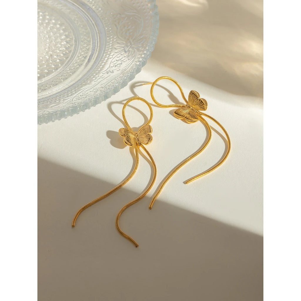 18K PVD Minimalistyczne Lekkie Przytulne Kolczyki Motylki z Długimi Frędzlami ze Stali Nierdzewnej Modne Damskie Premium Wodoodporna Biżuteria Bijoux