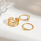 Set Zora 3 Pezzi Anelli Impilabili Regolabili Placcati Oro 18K Acciaio Inossidabile Design Croce Cuore Gioielli Regalo Versatile