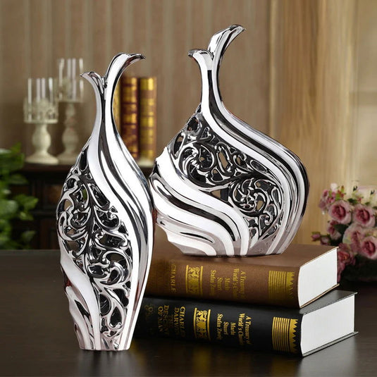 Abstract Style Vase with Hollow Arabesque Design European Wedding Decor Crafts Ceramic Creative Room Decoration Handicraft Porcelain Figurines Decorations Amphora Artistic Black and White Urn - Grand Goldman