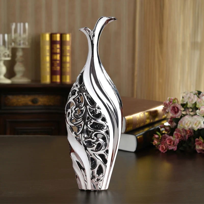 Abstract Style Vase with Hollow Arabesque Design European Wedding Decor Crafts Ceramic Creative Room Decoration Handicraft Porcelain Figurines Decorations Amphora Artistic Black and White Urn - Grand Goldman