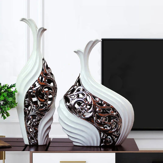 Abstract Style Vase with Hollow Arabesque Design European Wedding Decor Crafts Ceramic Creative Room Decoration Handicraft Porcelain Figurines Decorations Amphora Artistic Black and White Urn - Grand Goldman