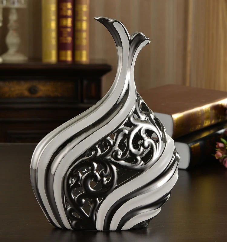 Abstract Style Vase with Hollow Arabesque Design European Wedding Decor Crafts Ceramic Creative Room Decoration Handicraft Porcelain Figurines Decorations Amphora Artistic Black and White Urn - Grand Goldman
