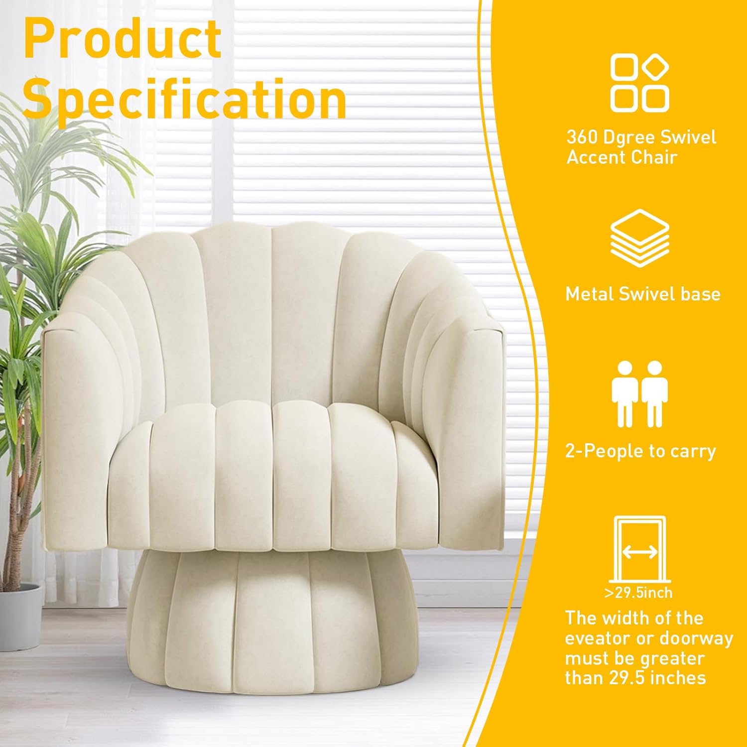 Accent Chair Mid Century 360 Degree Swivel Chair,Modern Lounge Sofa Round Barrel Chair with Wide Upholstered,Fluffy Velvet Fabric Chairs for Home Sofa Living Room/Bedroom/Waiting Room (Beige) - Grand Goldman