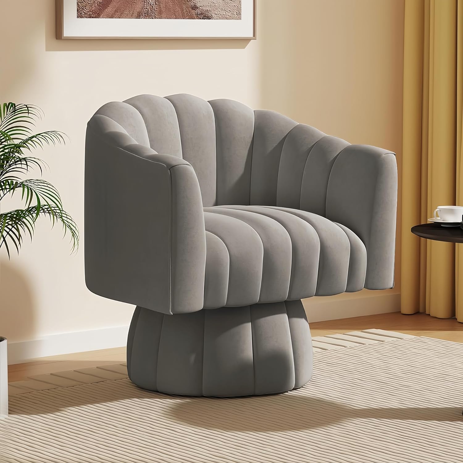 Accent Chair Mid Century 360 Degree Swivel Chair,Modern Lounge Sofa Round Barrel Chair with Wide Upholstered,Fluffy Velvet Fabric Chairs for Home Sofa Living Room/Bedroom/Waiting Room (Beige) - Grand Goldman