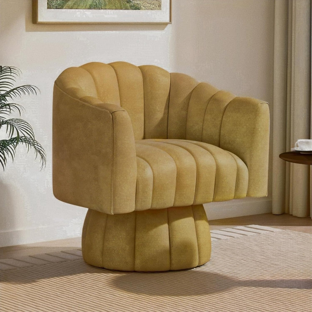 Accent Chair Mid Century 360 Degree Swivel Chair,Modern Lounge Sofa Round Barrel Chair with Wide Upholstered,Fluffy Velvet Fabric Chairs for Home Sofa Living Room/Bedroom/Waiting Room (Beige) - Grand Goldman