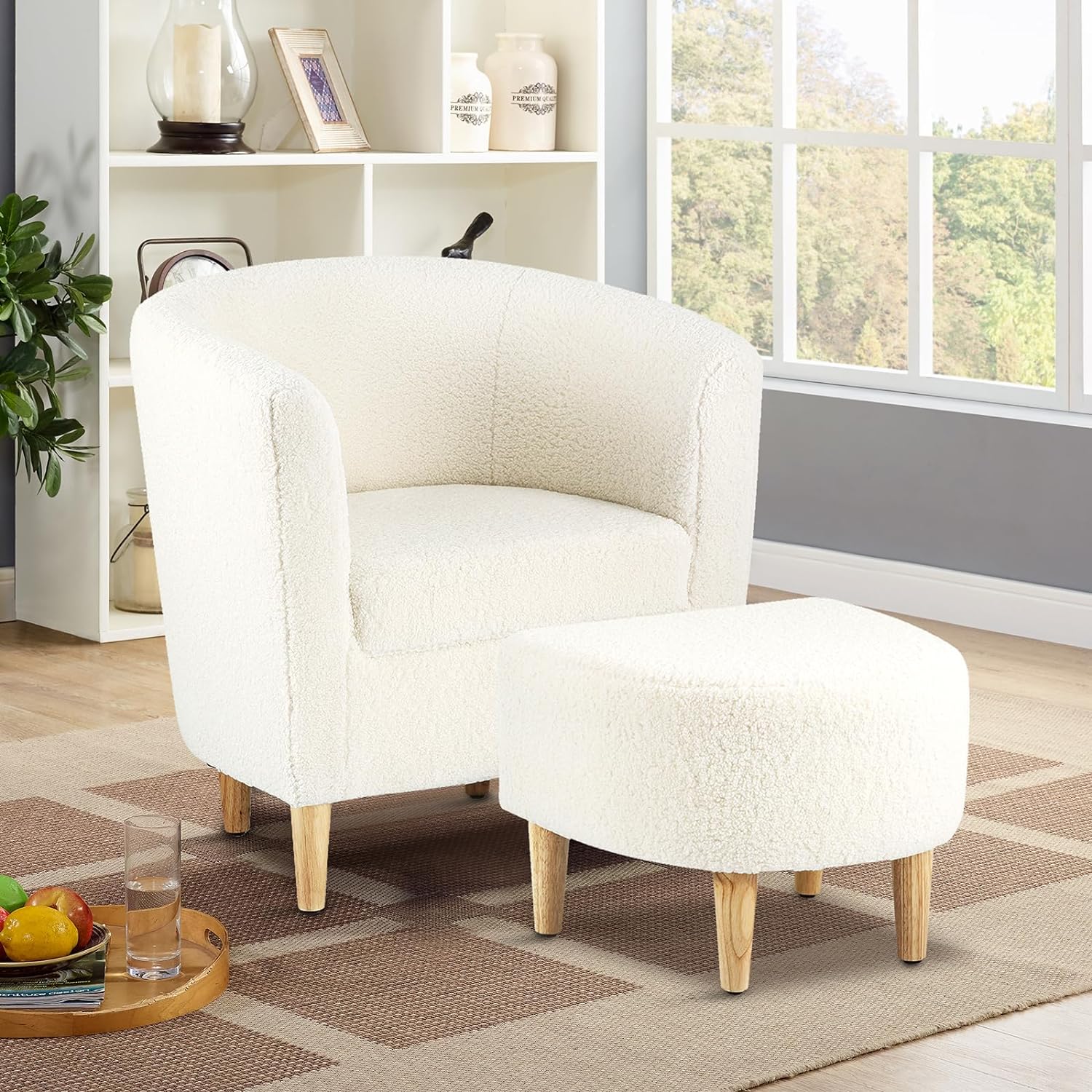 Accent Chair, Sherpa Chair White Fluffy Chair Teddy Barrel Chair with Ottoman Comfy ArmChair Footrest Set Comfortable Living Room Chairs Upholstered Club Tub Sofa Chair for Bedroom Reading Room - Grand Goldman