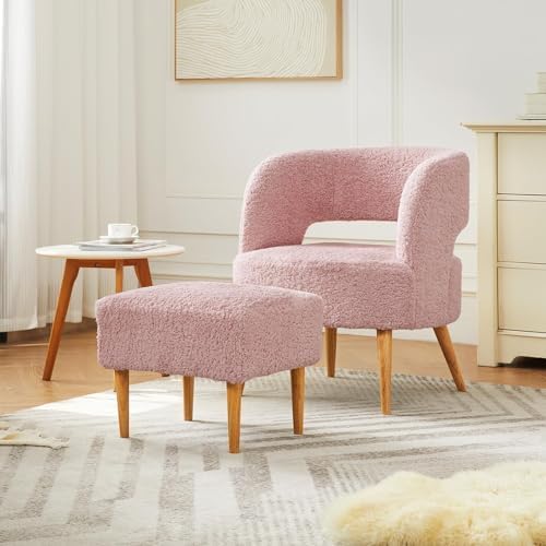 Accent Chair with Ottoman Comfy Sherpa Chair and Ottoman Set Upholstered Reading Chair with Ottoman for Bedroom Living Room Chair with Foot Rest(Beige) - Grand Goldman