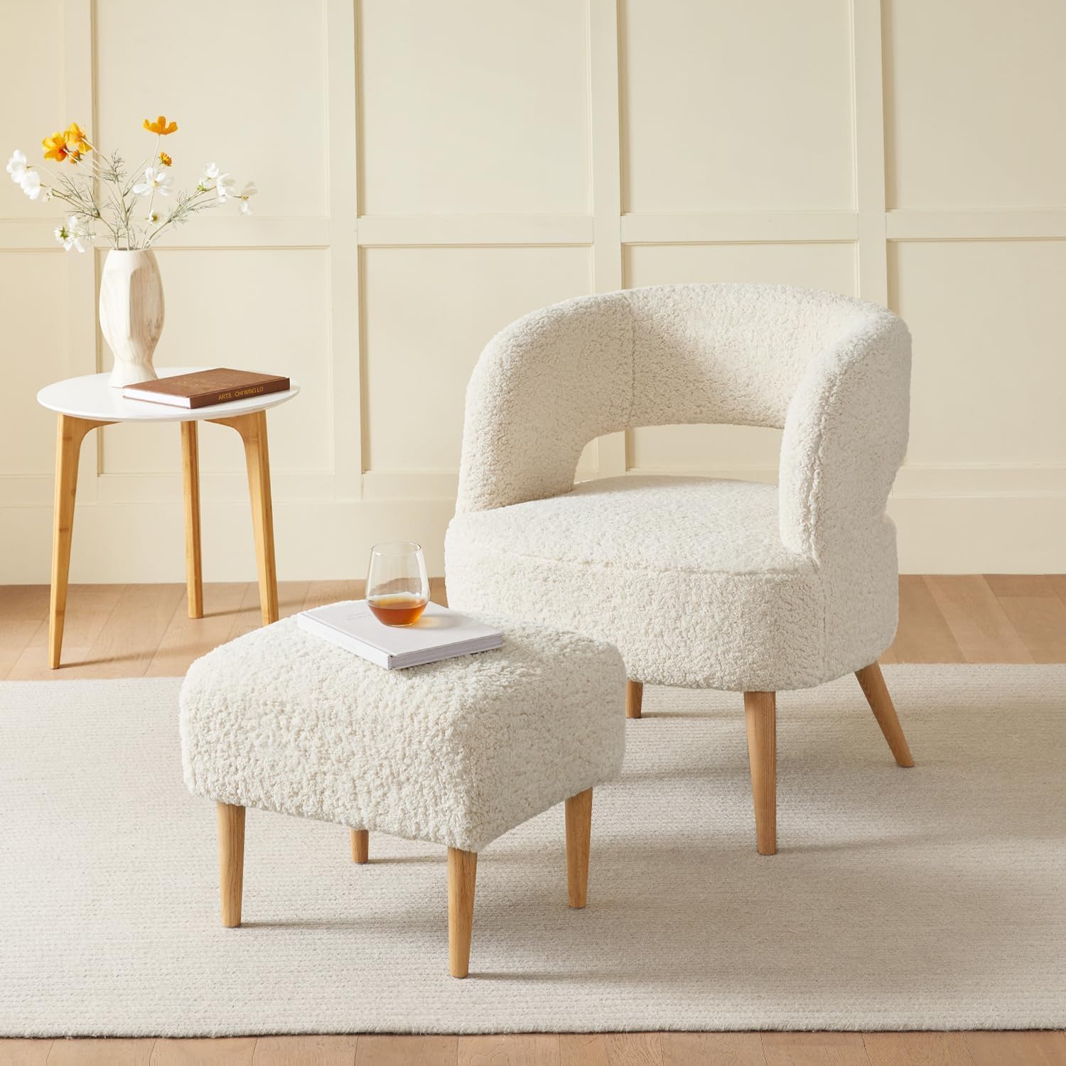 Accent Chair with Ottoman Comfy Sherpa Chair and Ottoman Set Upholstered Reading Chair with Ottoman for Bedroom Living Room Chair with Foot Rest(Beige) - Grand Goldman