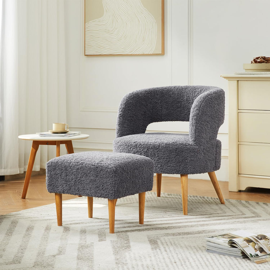 Accent Chair with Ottoman Comfy Sherpa Chair and Ottoman Set Upholstered Reading Chair with Ottoman for Bedroom Living Room Chair with Foot Rest(Beige) - Grand Goldman