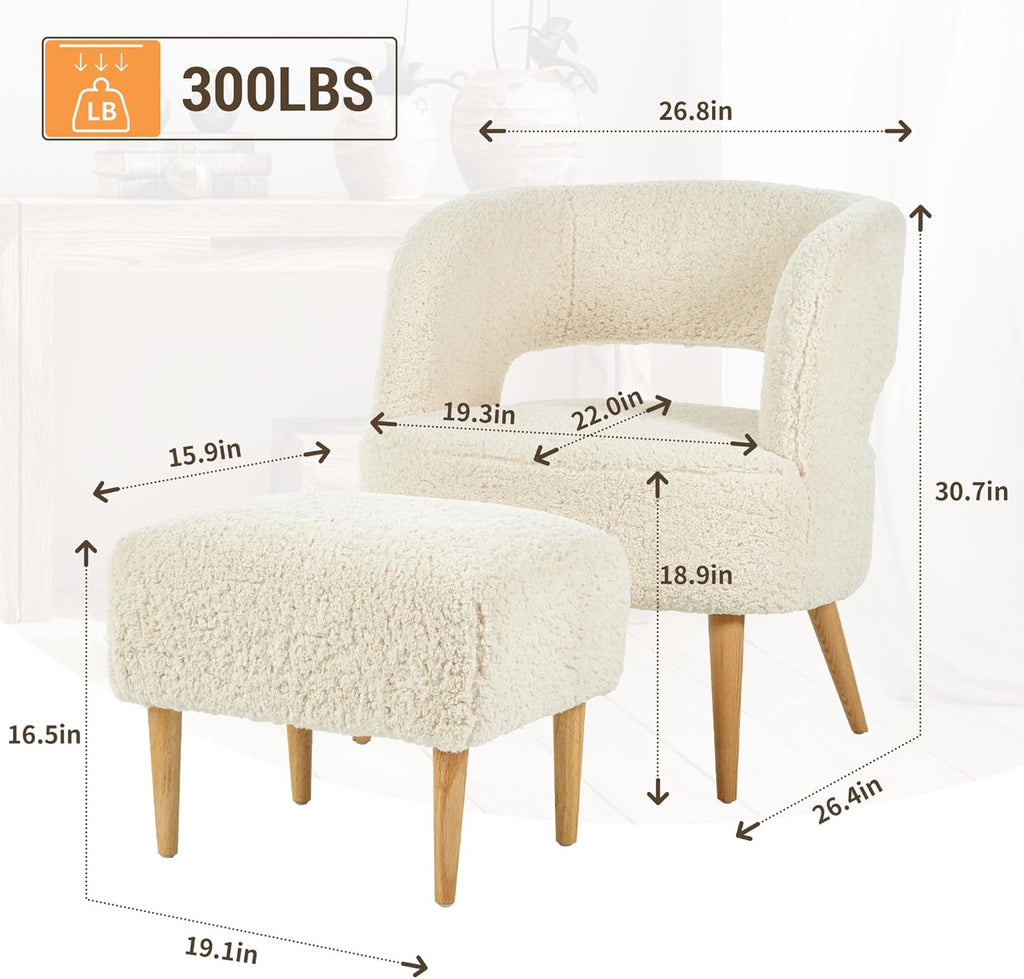 Accent Chair with Ottoman Comfy Sherpa Chair and Ottoman Set Upholstered Reading Chair with Ottoman for Bedroom Living Room Chair with Foot Rest(Beige) - Grand Goldman