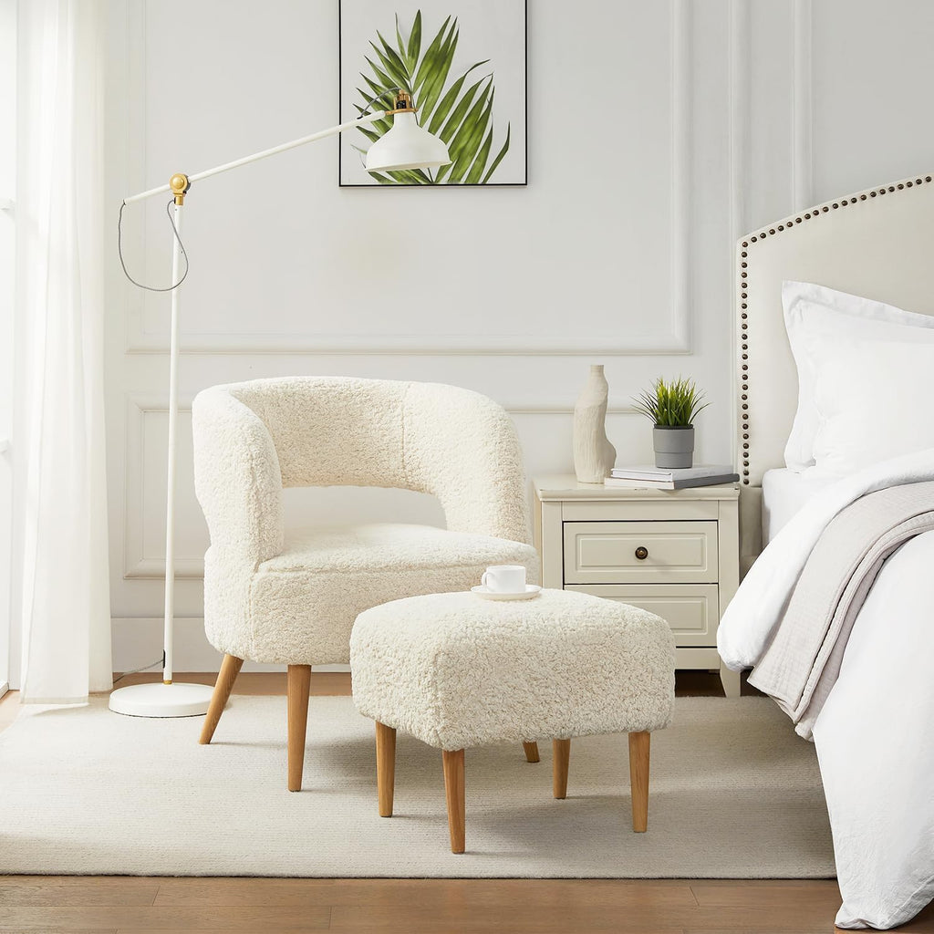 Accent Chair with Ottoman Comfy Sherpa Chair and Ottoman Set Upholstered Reading Chair with Ottoman for Bedroom Living Room Chair with Foot Rest(Beige) - Grand Goldman