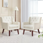 Accent Reading Chair Button-Tufted Upholstered Comfy Mid Century Modern Chair with Linen Fabric Lounge Arm Chairs for Living Room Bedroom (Beige) - Grand Goldman