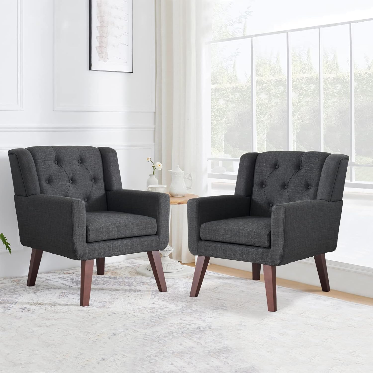 Accent Reading Chair Button-Tufted Upholstered Comfy Mid Century Modern Chair with Linen Fabric Lounge Arm Chairs for Living Room Bedroom (Beige) - Grand Goldman