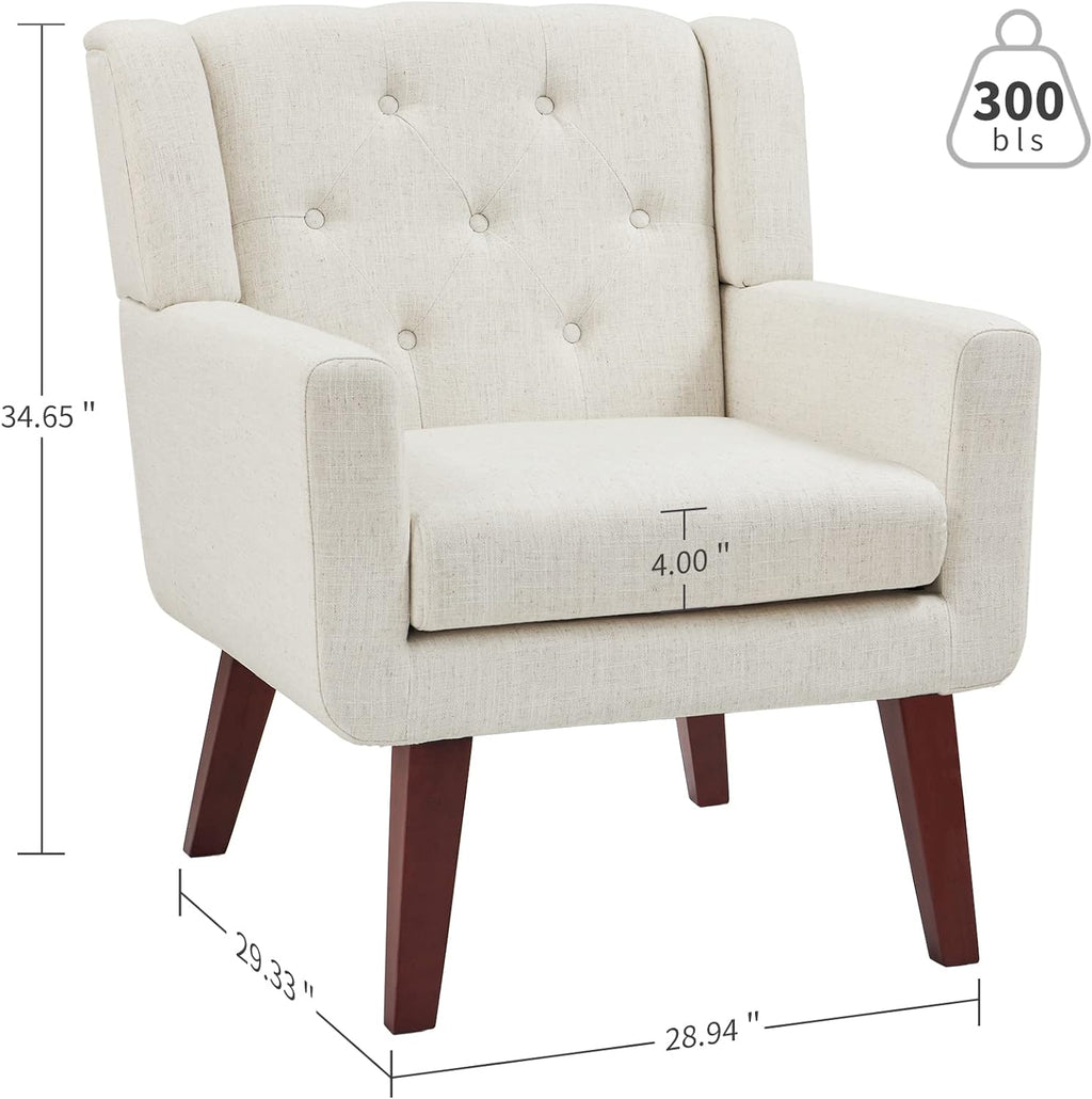 Accent Reading Chair Button-Tufted Upholstered Comfy Mid Century Modern Chair with Linen Fabric Lounge Arm Chairs for Living Room Bedroom (Beige) - Grand Goldman