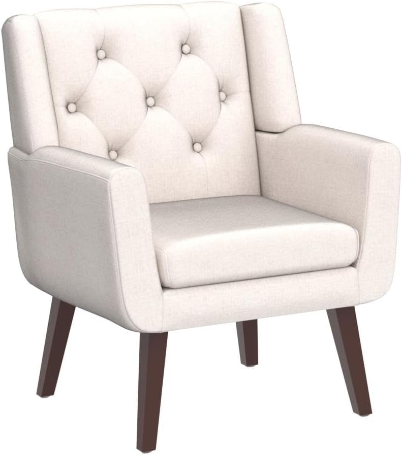 Accent Reading Chair Button-Tufted Upholstered Comfy Mid Century Modern Chair with Linen Fabric Lounge Arm Chairs for Living Room Bedroom (Beige) - Grand Goldman