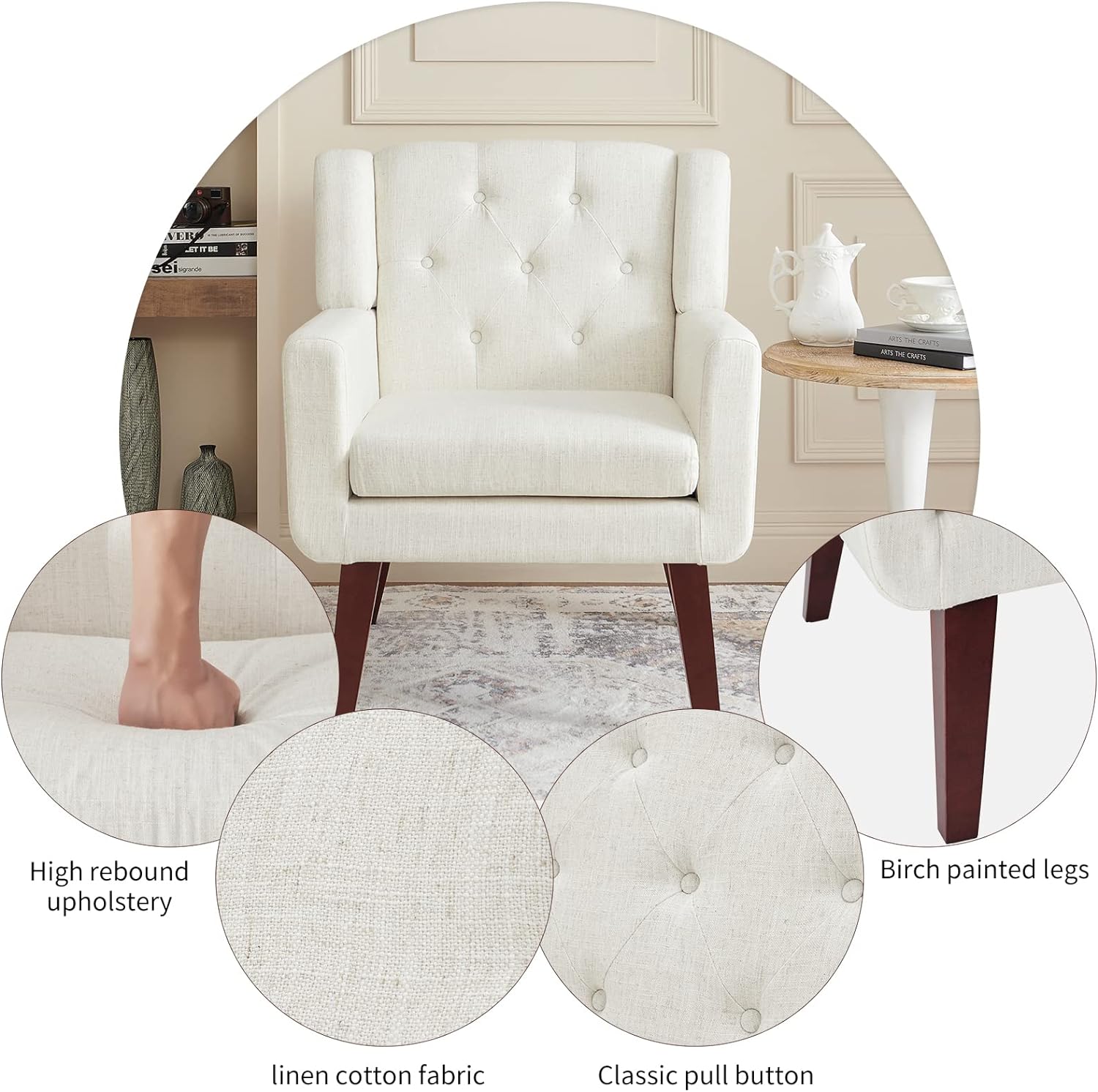 Accent Reading Chair Button-Tufted Upholstered Comfy Mid Century Modern Chair with Linen Fabric Lounge Arm Chairs for Living Room Bedroom (Beige) - Grand Goldman