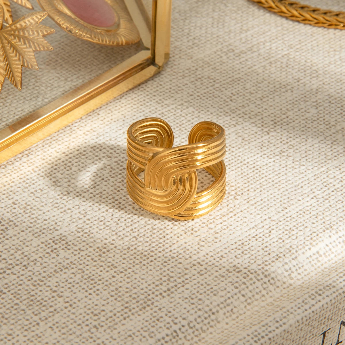 Zora Wide Band Ring 18K Gold Plated Stainless Steel Minimalist Twisted Crossed Lines Waterproof Chic Office Jewelry