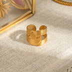 Zora Wide Band Ring 18K Gold Plated Stainless Steel Minimalist Twisted Crossed Lines Waterproof Chic Office Jewelry