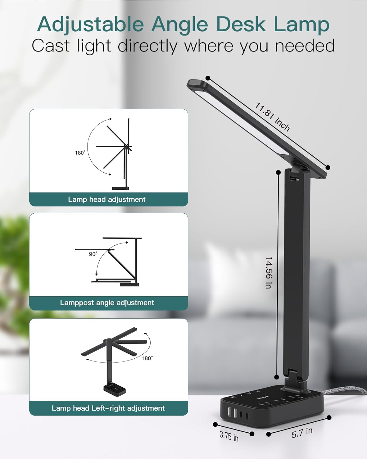 Addtam LED Desk Lamp, Power Strip with 3 Outlets 4 USB Charging Ports(2 USBC), 4 Modes 5 Level Brightness Touch Lamp, Small Desk Lamp for Home Office College Dorm Room Essentials - Grand Goldman