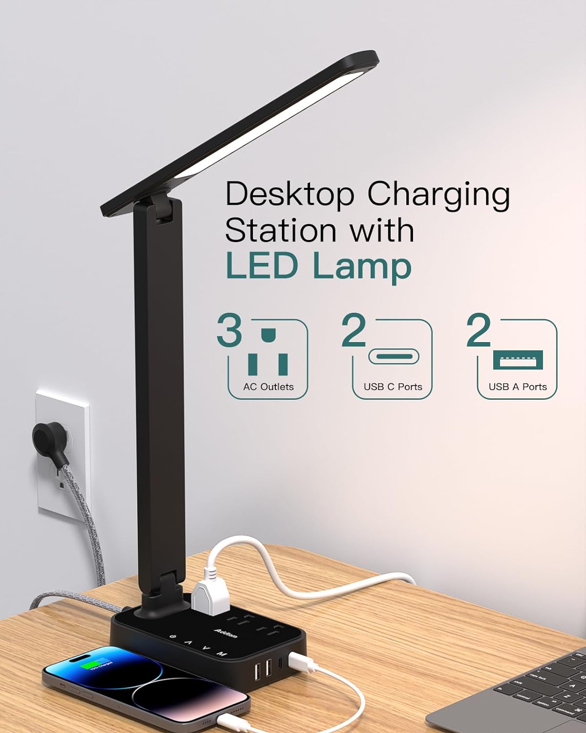 Addtam LED Desk Lamp, Power Strip with 3 Outlets 4 USB Charging Ports(2 USBC), 4 Modes 5 Level Brightness Touch Lamp, Small Desk Lamp for Home Office College Dorm Room Essentials - Grand Goldman